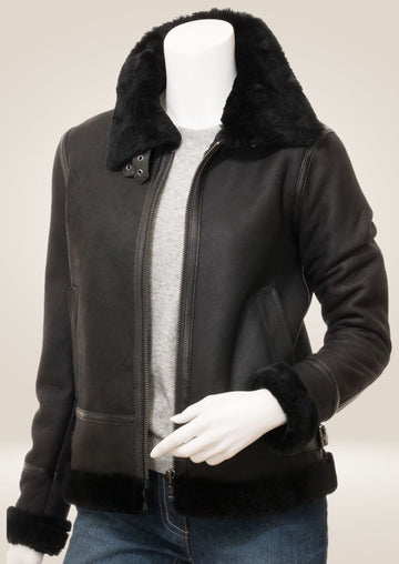 Women's Luxurious Black Shearling Bomber Jacket