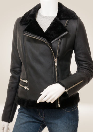 Luxurious Black Shearling Biker Jacket