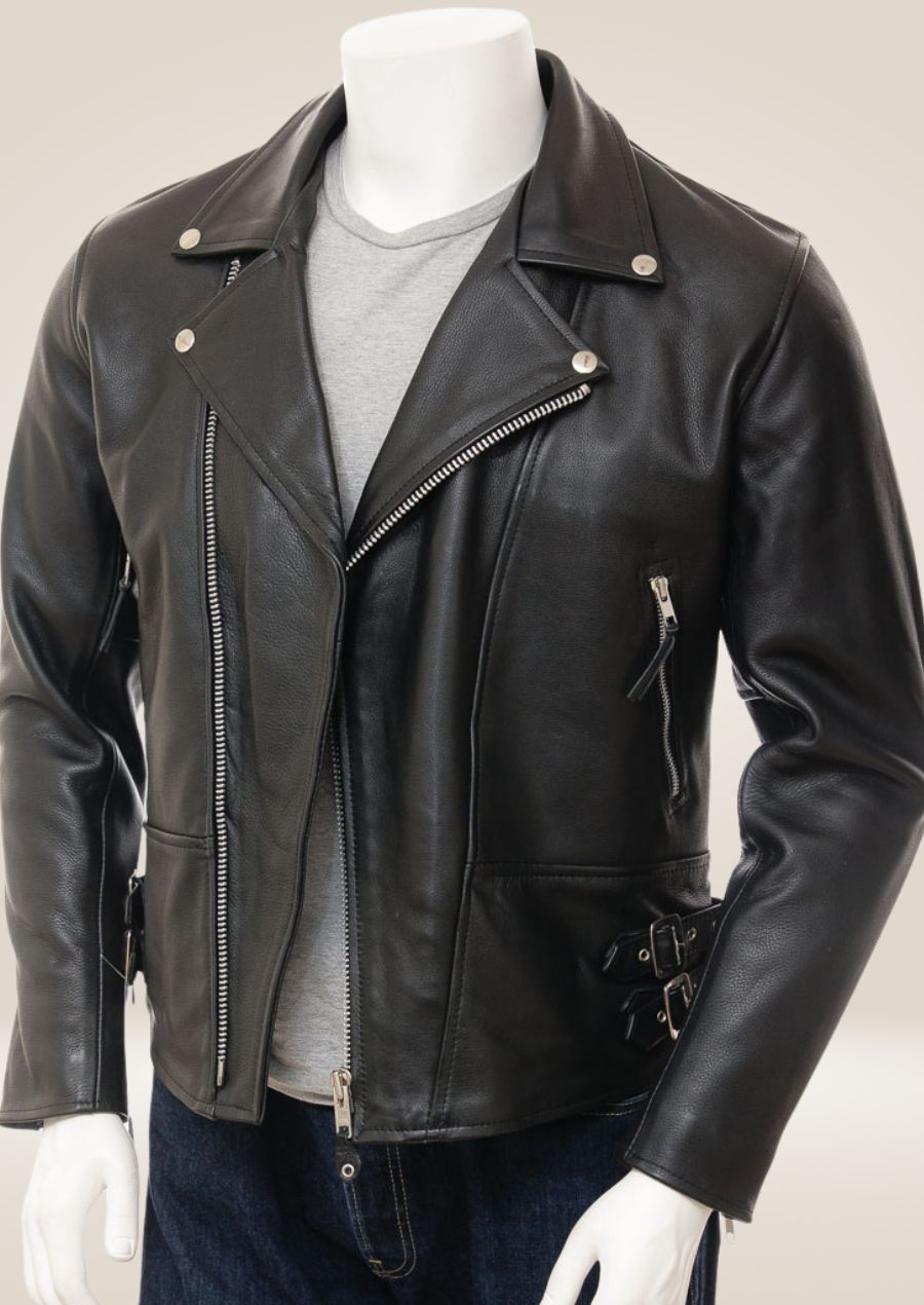  Men's Heavy-Duty Black Cowhide Biker Jacket