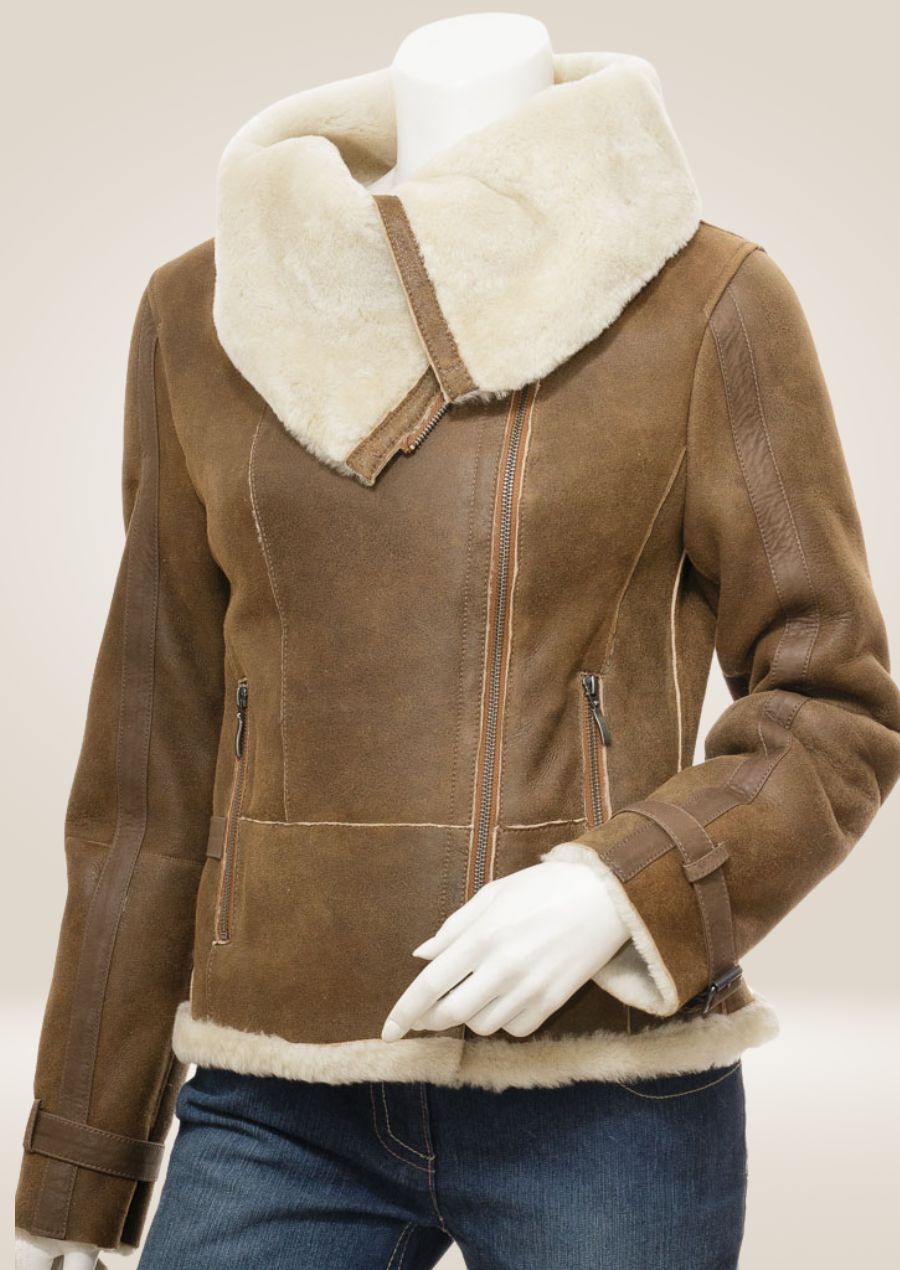 Women's Tan Sheepskin Biker Jacket