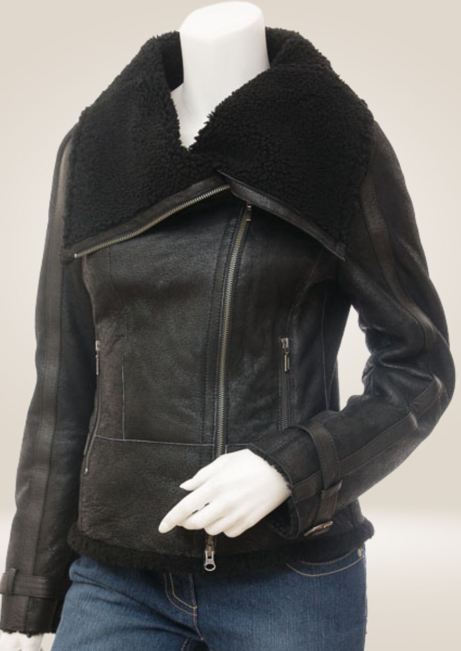 Women's Black Sheepskin Biker Jacket