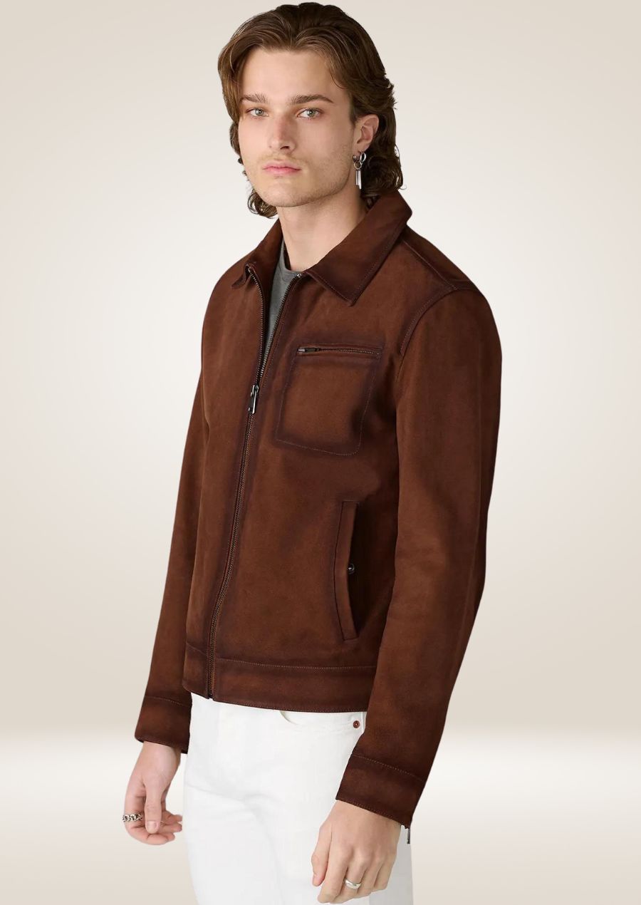 Veste de course en daim marron pour homme - Fermeture zippée