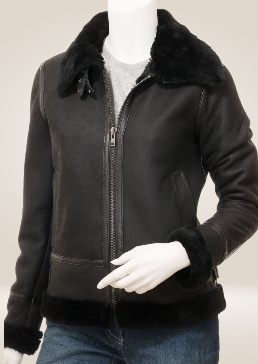 Women's Luxurious Black Shearling Bomber Jacket