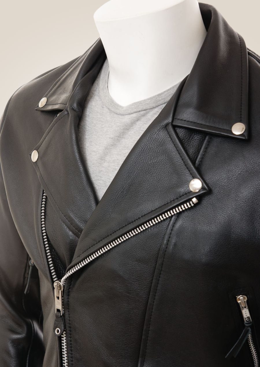  Men's Heavy-Duty Black Cowhide Biker Jacket