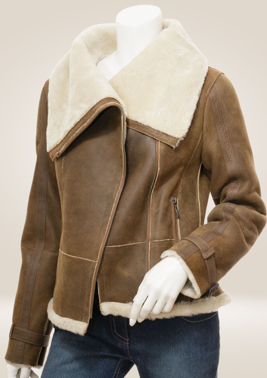 Women's Tan Sheepskin Biker Jacket