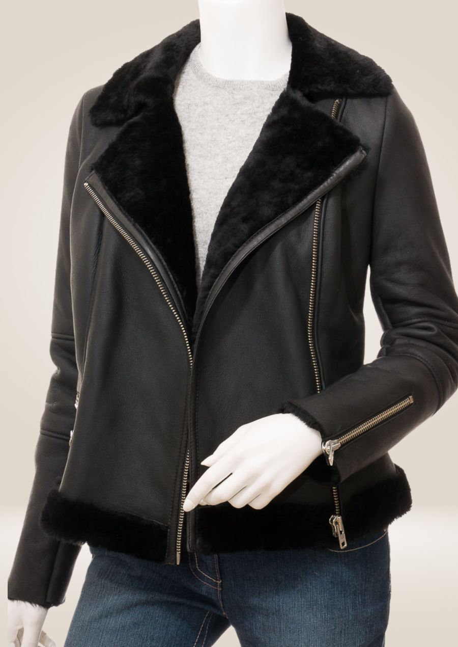 Luxurious Black Shearling Biker Jacket