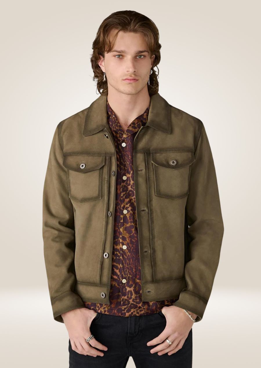 Veste de camionneur en daim olive pour homme