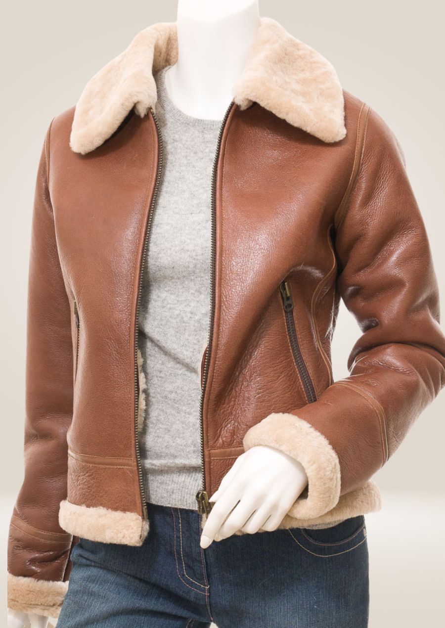 Luxurious Tan Sheepskin Bomber Jacket for Women