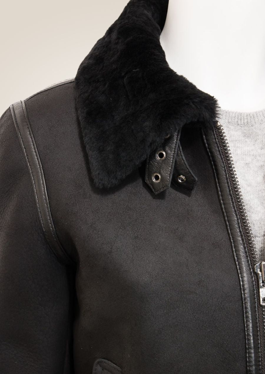 shoulder view of Women's Luxurious Black Shearling Bomber Jacket