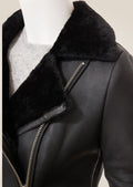 shoulder view of Luxurious Black Shearling Biker Jacket