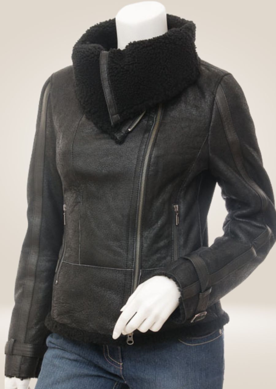 Women's Black Sheepskin Biker Jacket front