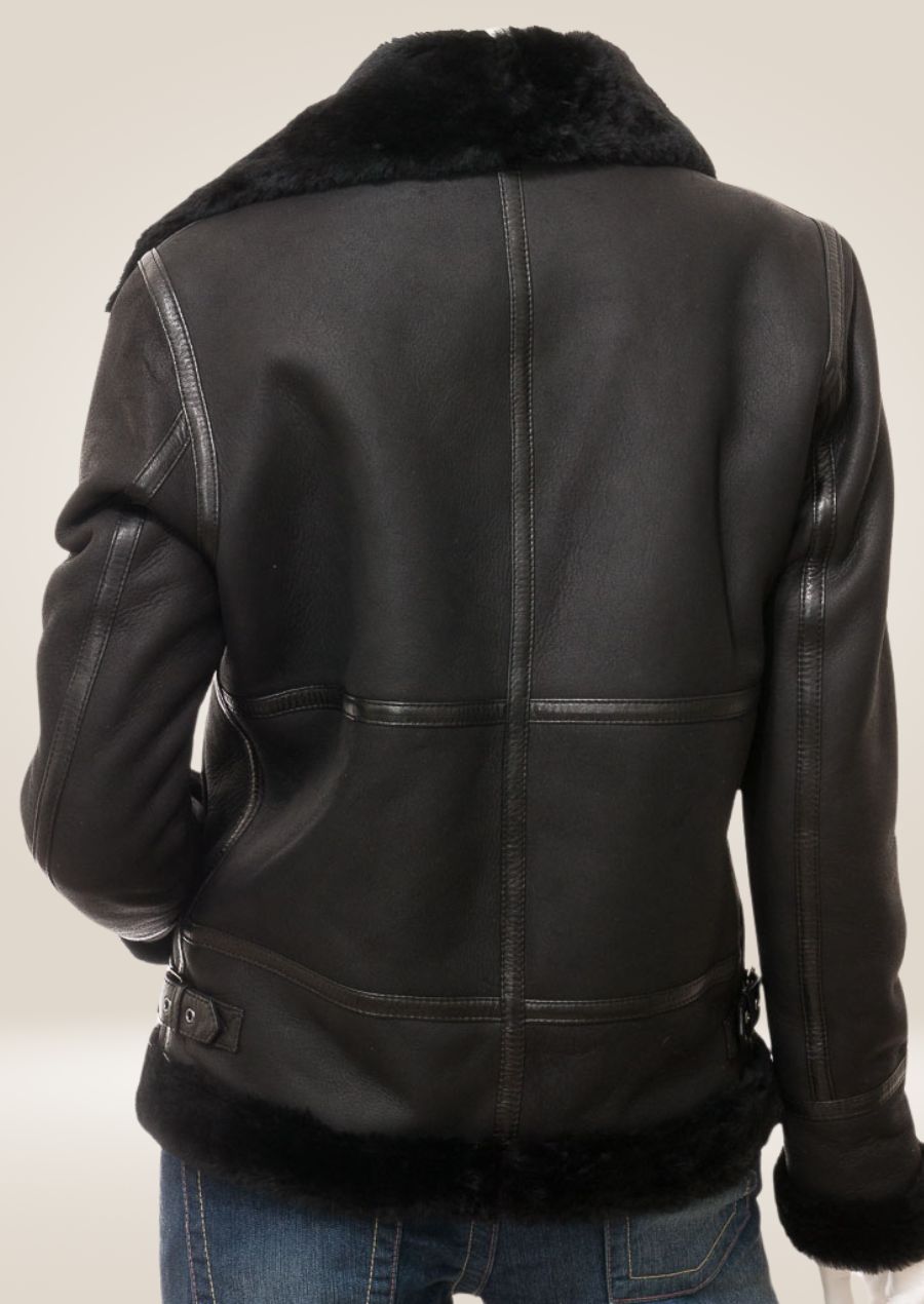 Women's Luxurious Black Shearling Bomber Jacket backside