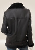 Women's Black Shearling Biker Jacket backside