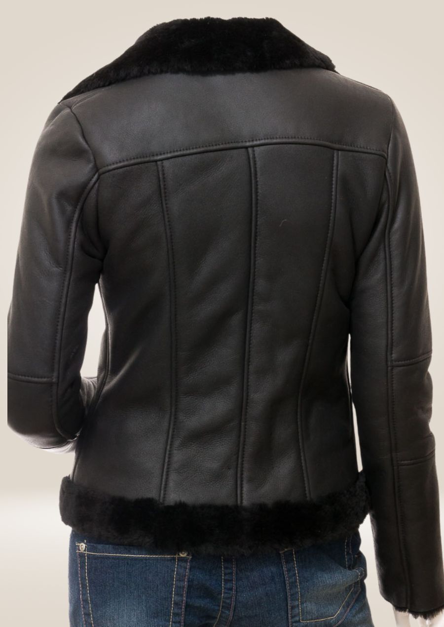 Luxurious Black Shearling Biker Jacket backside