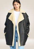 Luxurious Women's Black Sheepskin Leather Bomber Jacket with Faux Fur Lining