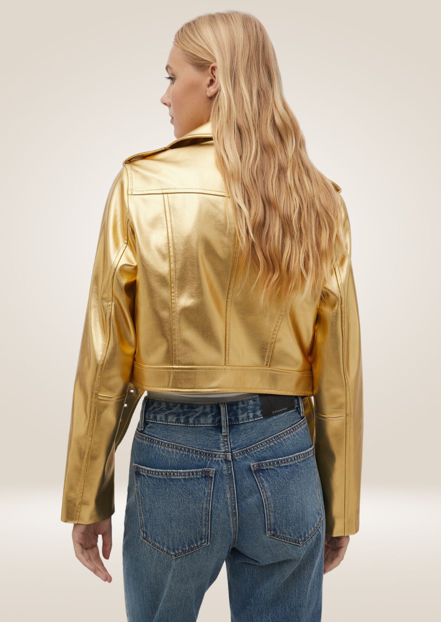 backside of Women’s Metallic Leather Motorbike Jacket