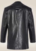 Back view of the black cowhide leather pea coat with a smooth, tailored cut and sharp, clean lines.