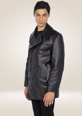 Side view of black cowhide leather pea coat showcasing its tailored fit and strong, masculine silhouette.