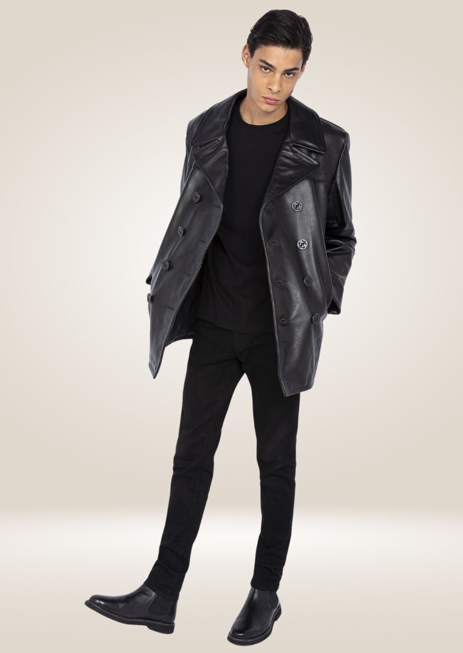 Black cowhide leather pea coat with double-breasted buttons and a sleek, rugged design for men.