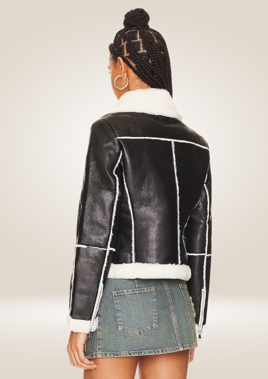 back side of Stylish Women's Black Leather Bomber Jacket with Elegant Shearling Lining