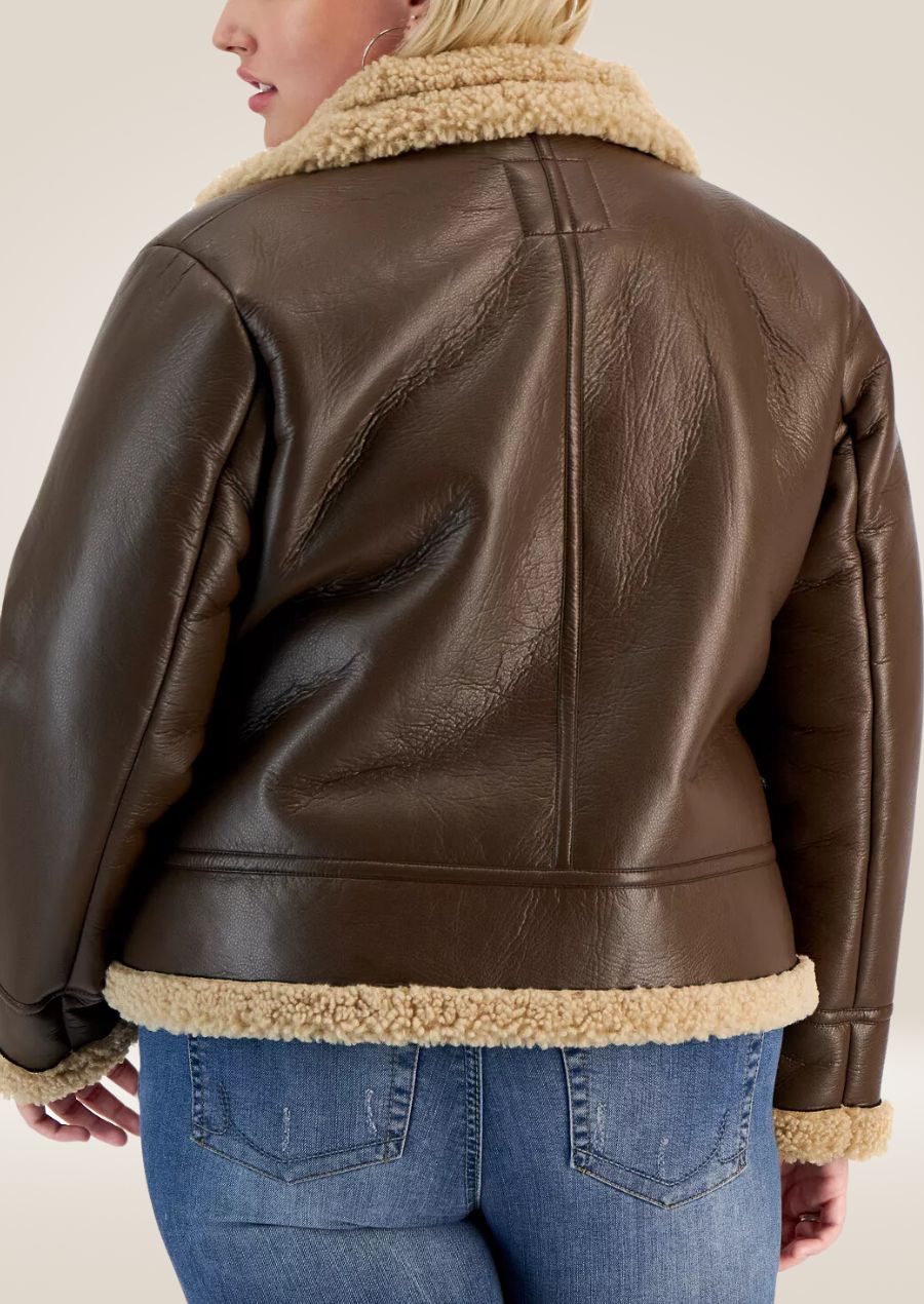 Classic Brown Women's Leather Bomber Jacket with Luxurious Shearling Interior