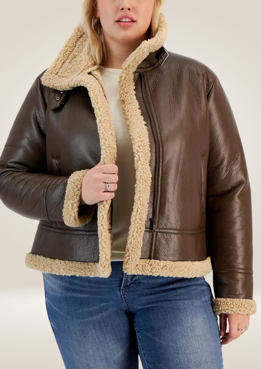 Classic Brown Women's Leather Bomber Jacket with Luxurious Shearling Interior