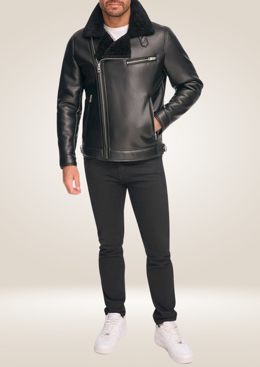 Blouson aviateur en peau de mouton noire pour homme - Doublé en fausse fourrure