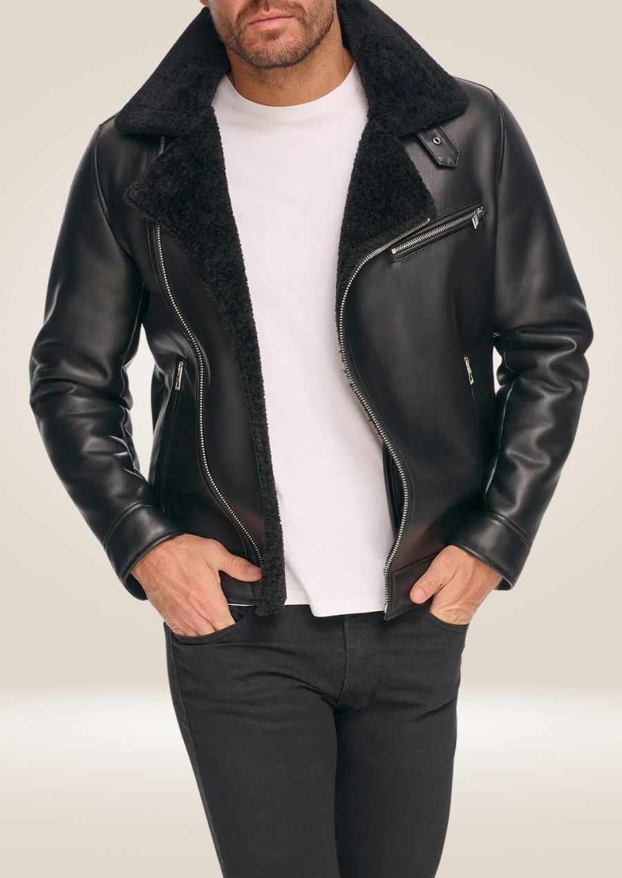 Blouson aviateur en peau de mouton noire pour homme - Doublé en fausse fourrure