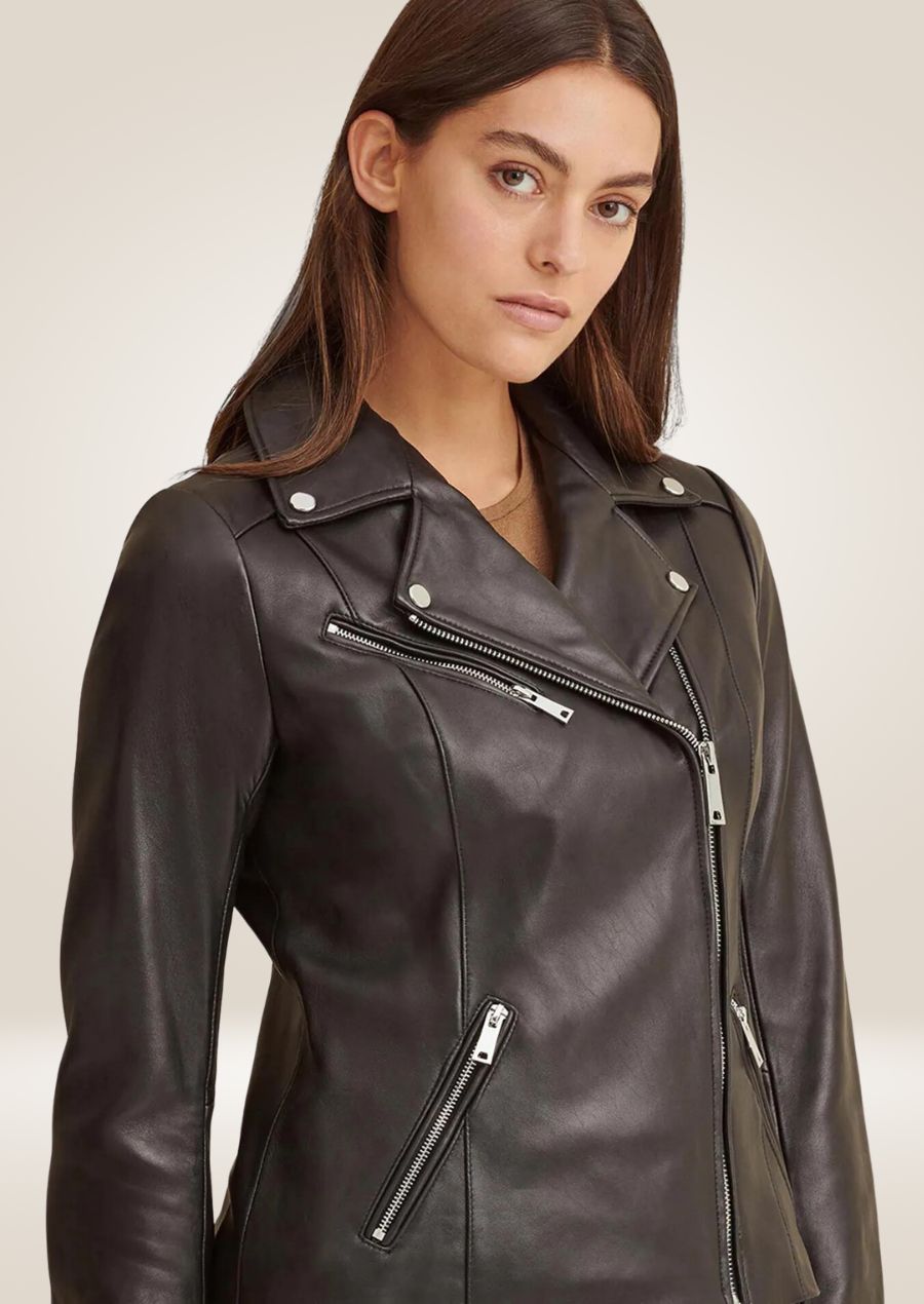 Veste en cuir à fermeture éclair asymétrique pour femme