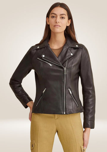 Veste en cuir à fermeture éclair asymétrique pour femme