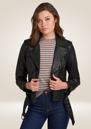 Veste en cuir de motard vintage noire pour femme