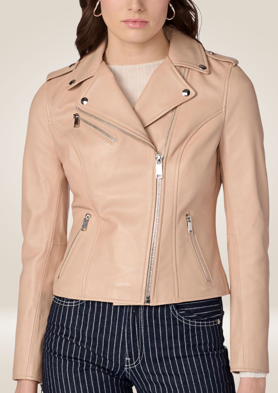 Veste en cuir rose style moto pour femme