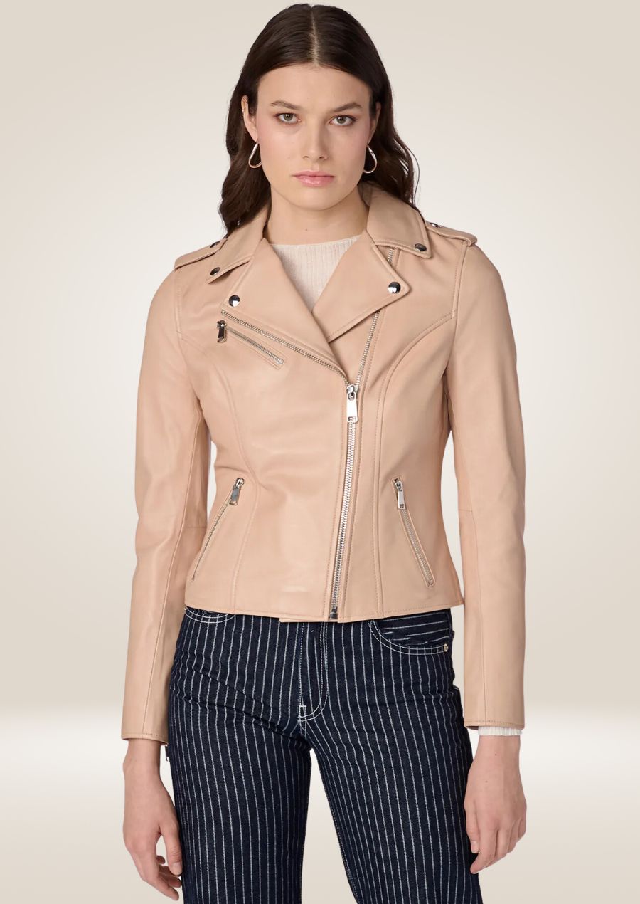 Veste en cuir rose style moto pour femme