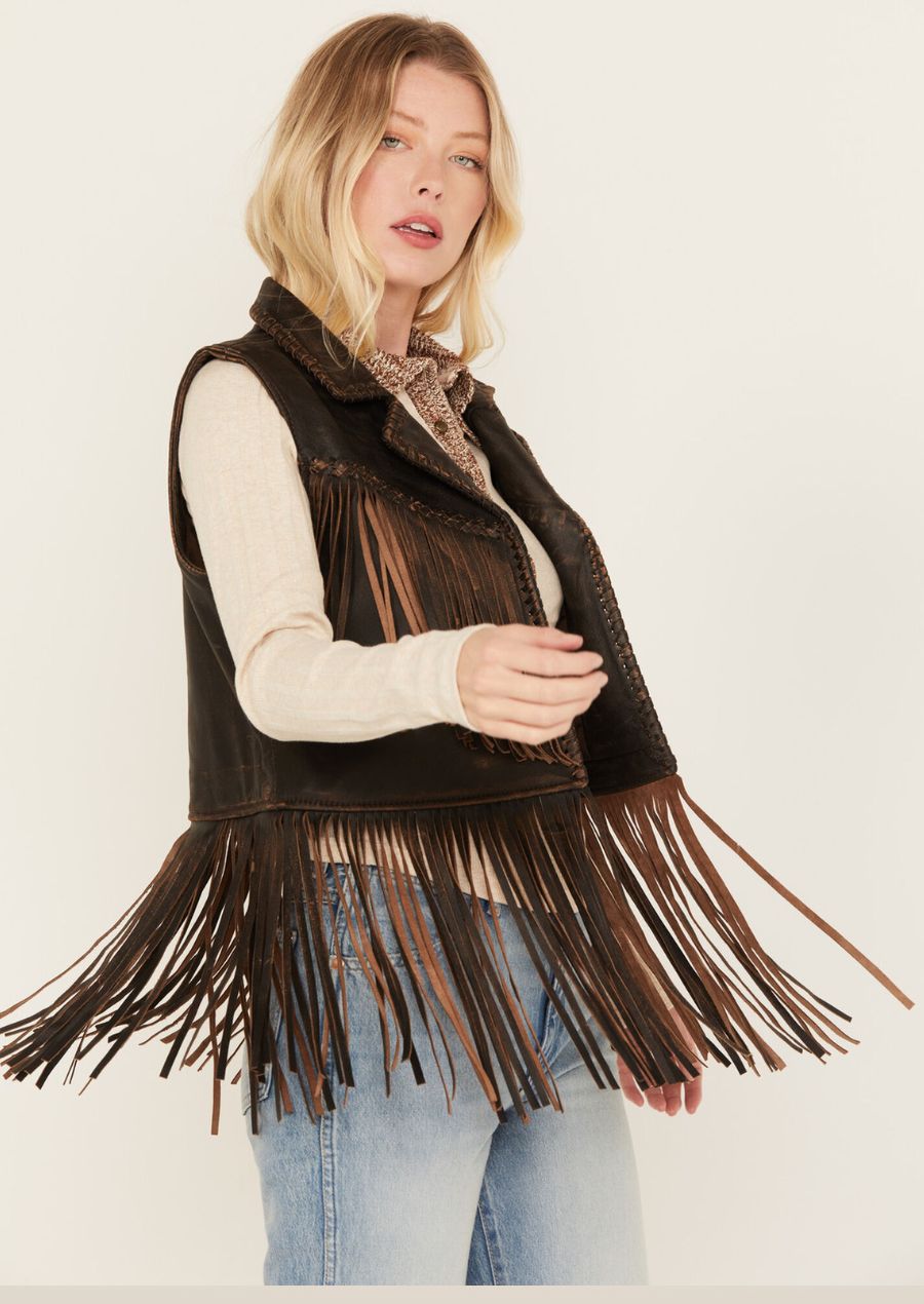 Brown Fringe Leather Moto Vest - Bold Western Style