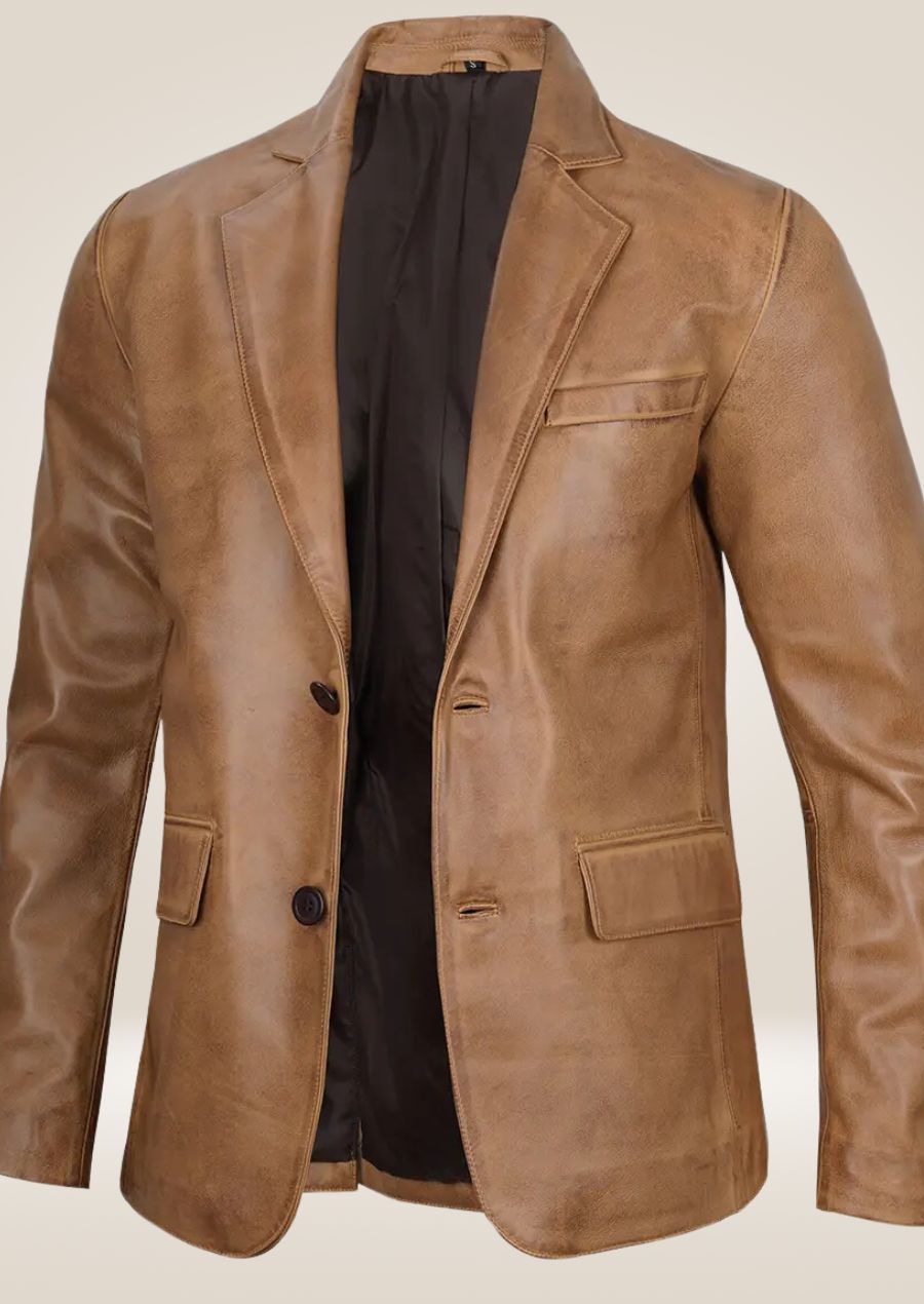 Camel brown leather blazer with a tailored fit, exuding classic elegance.