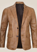 Camel brown leather blazer with a tailored fit, exuding classic elegance.