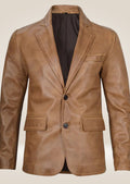 Model showcasing the camel brown leather blazer, perfect for adding sophistication to any look.