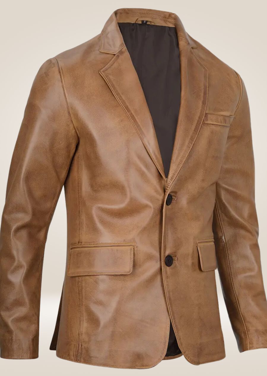 The camel brown leather blazer, combining timeless style with a modern, polished finish.