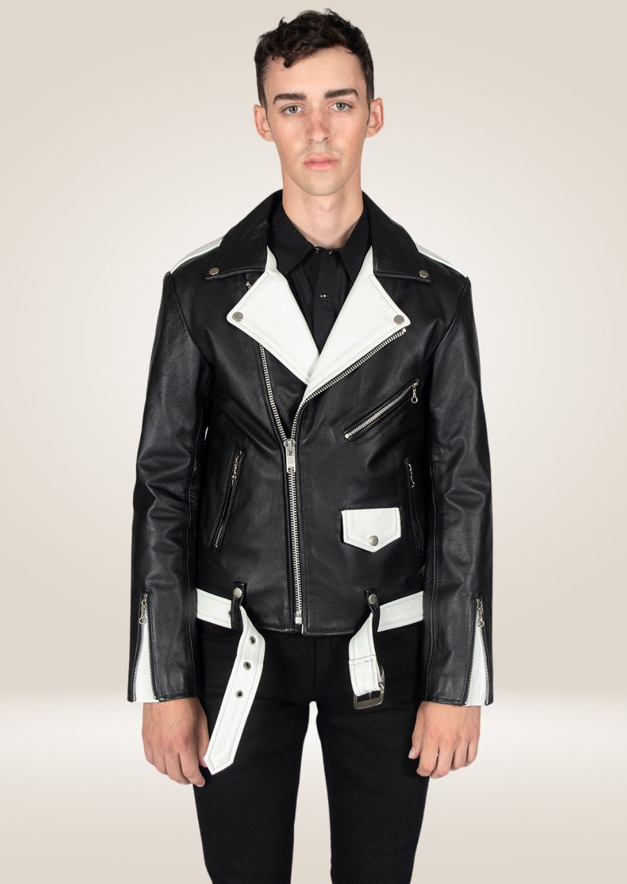 Veste de motard classique en cuir noir et blanc