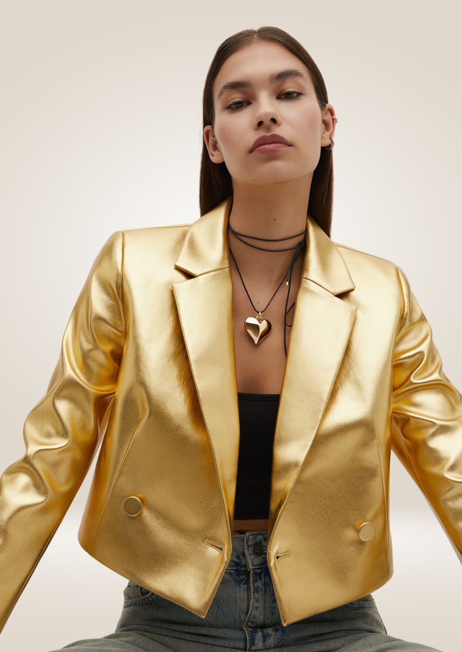 front Metallic Gold Leather Cropped Blazer