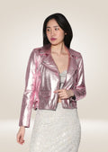 front pose of Pink Metallic Leather Jacket