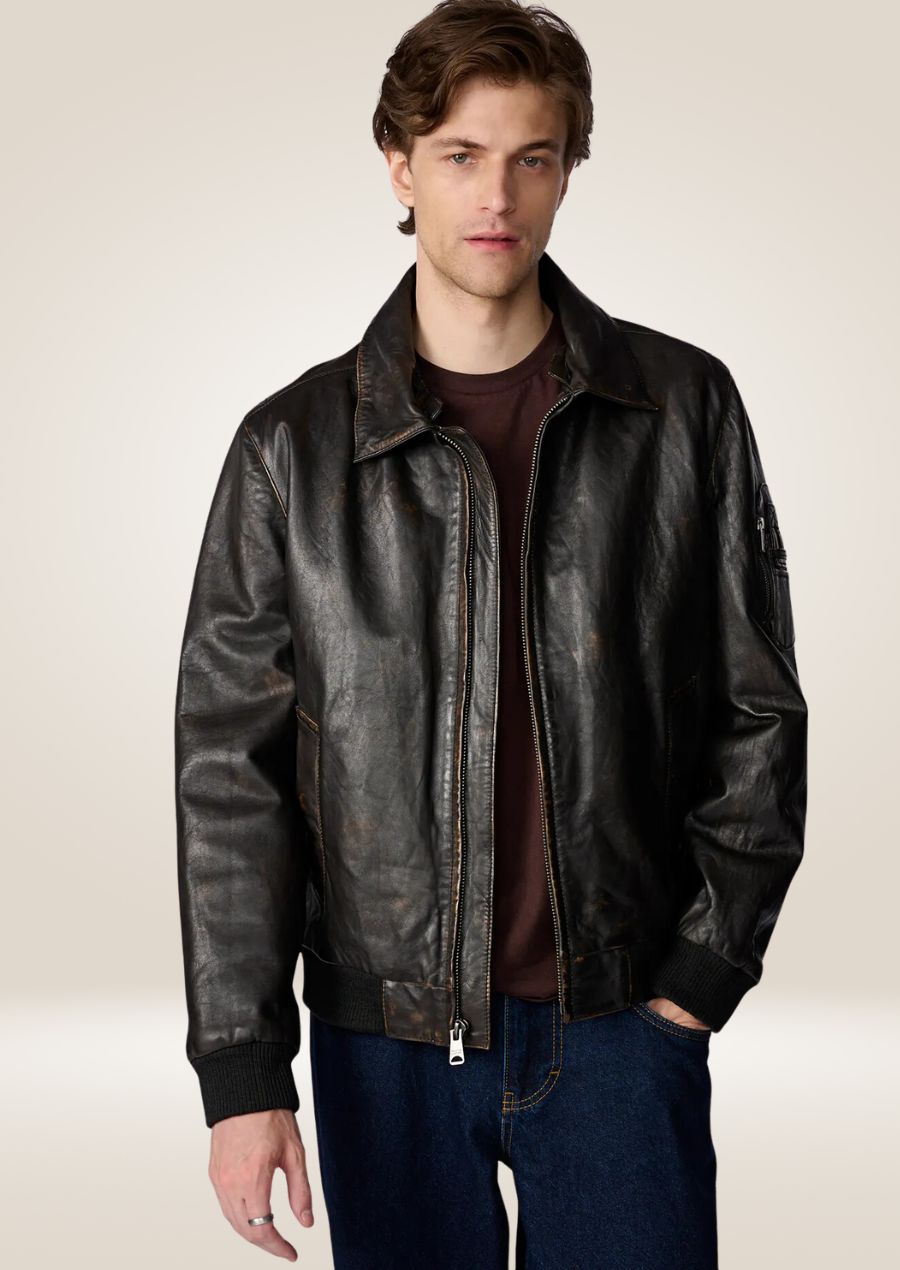 Blouson aviateur en cuir marron avec col en peau de mouton