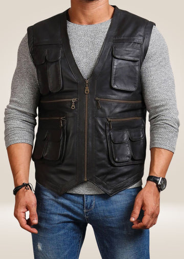 Gilet de motard en cuir noir pour homme avec poches cargo