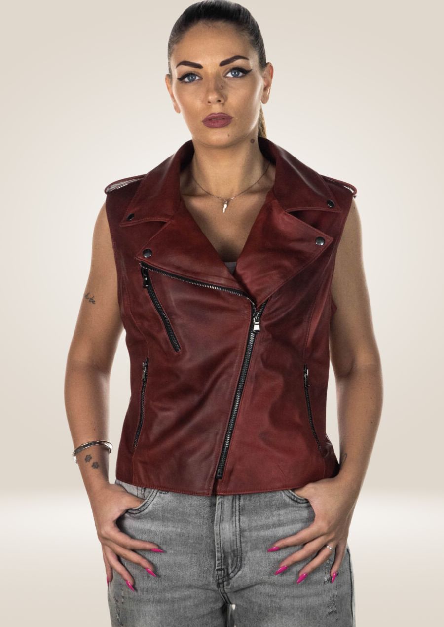 Versatile Women's Brown Leather Motorcycle Vest 