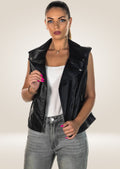 front pose of Black Women's Leather Biker Vest