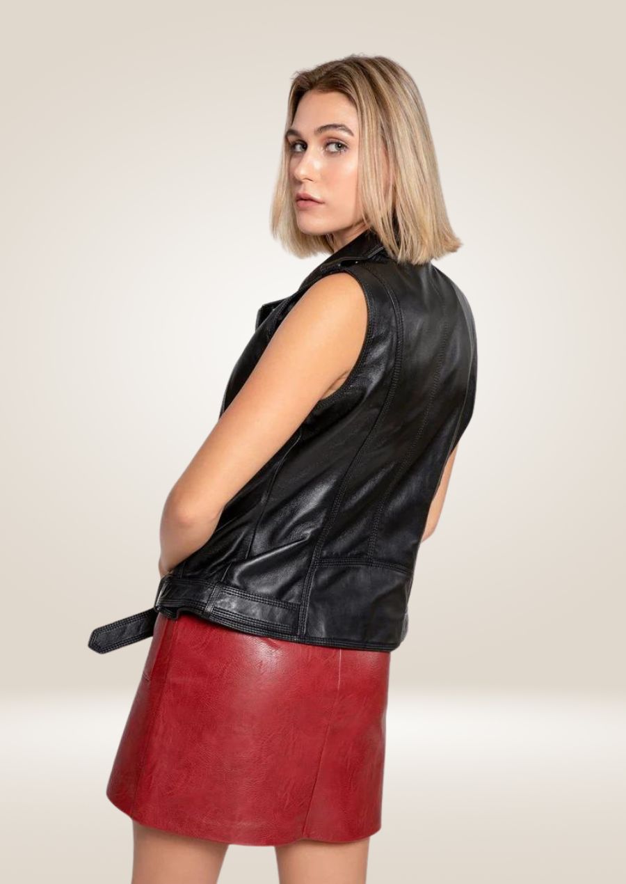 Women's Black Leather Biker Vest