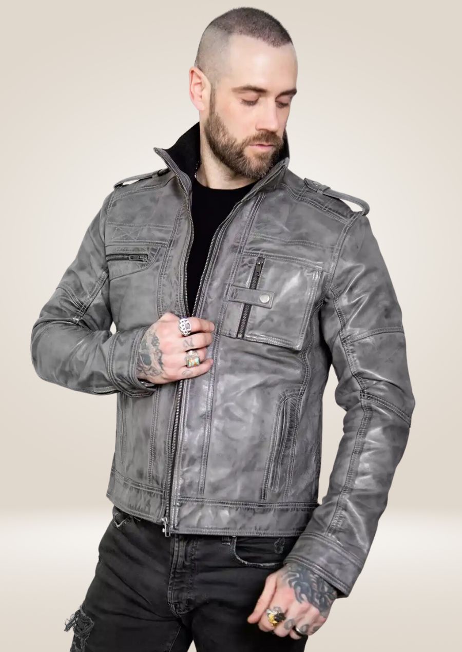 Veste en cuir Perfecto gris vieilli pour homme