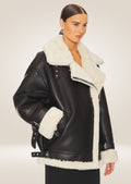 side pose of Trendy Women's Black Aviator Coat with Premium Leather and Contemporary Design