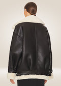 back side of Trendy Women's Black Aviator Coat with Premium Leather and Contemporary Design