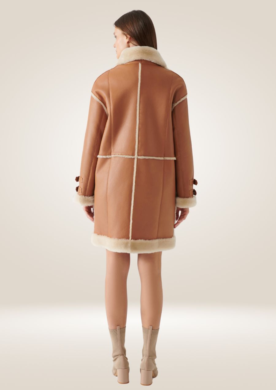 Women's Long Tan Leather Shearling Coat